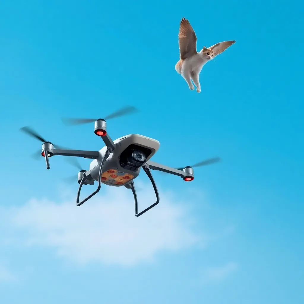 A small drone with a camera flying against a blue sky with a bird visible.