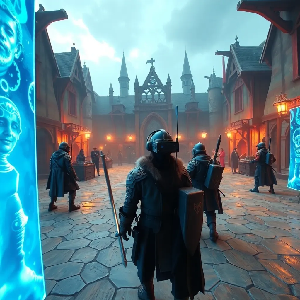 People wearing futuristic clothing walking in a dark, gothic-style city with a glowing blue portal.