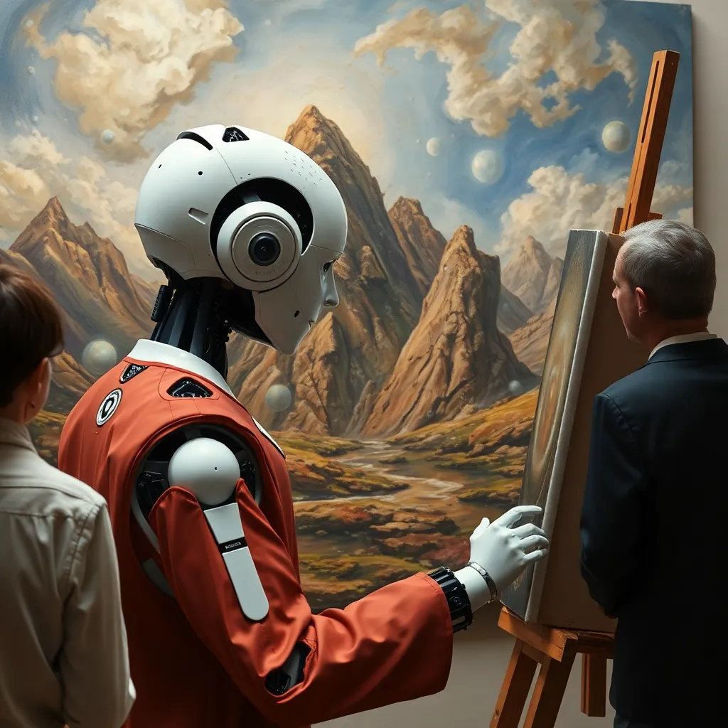 A humanoid robot in a red and white suit examining a painting in an art gallery.