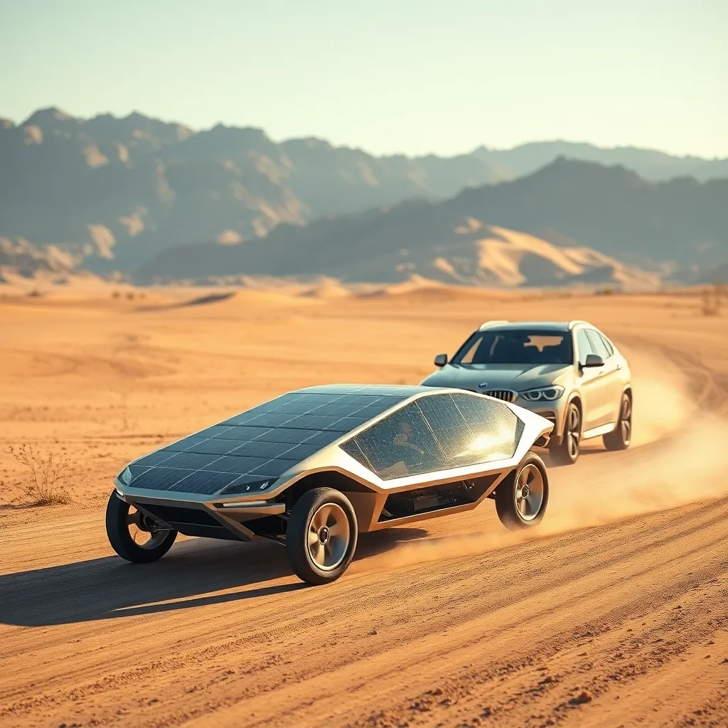 A sleek, silver car with a solar panel roof driving on a dry, cracked desert road with mountains in the distance.