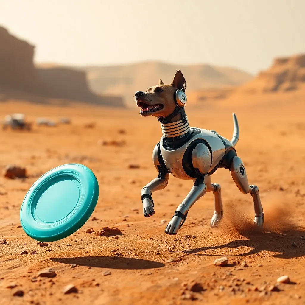 A robotic dog with a blue frisbee in its mouth running on a sandy surface with mountains in the background.