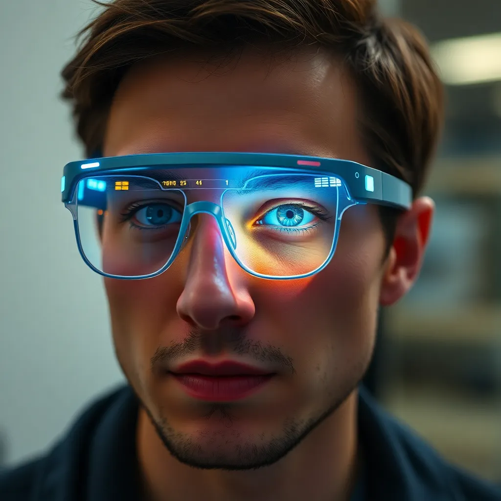 A close-up of a man wearing blue-tinted smart glasses with a reflection of data in the lenses.