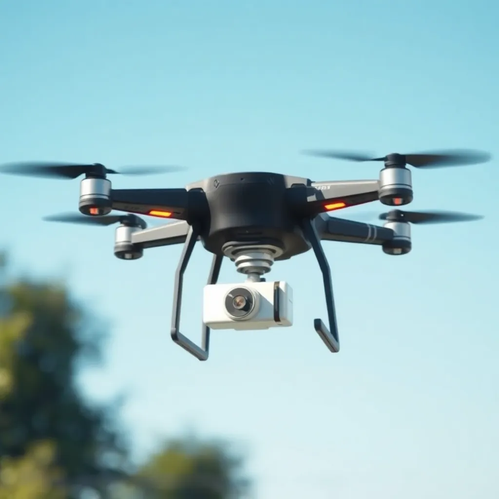 A drone with a camera flying in a blue sky.