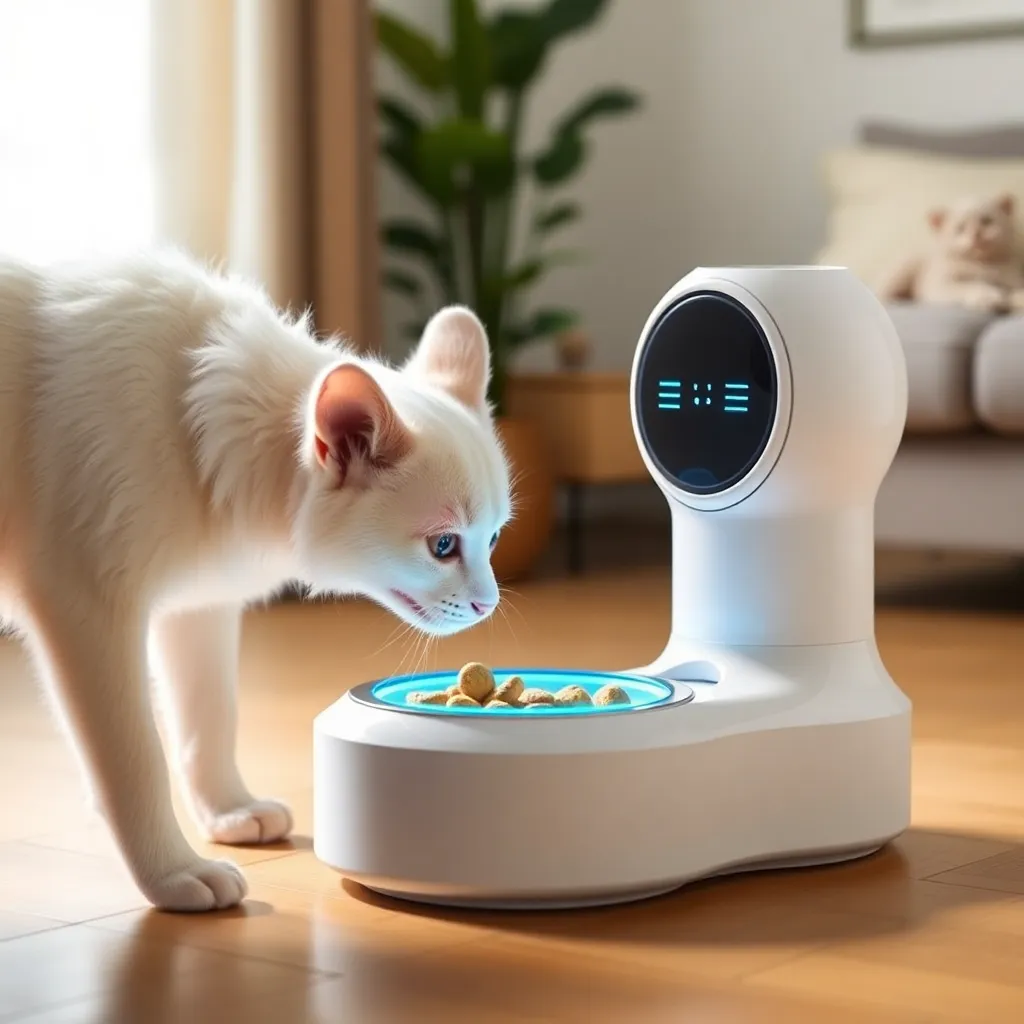 A white cat looking at a smart pet feeder with a screen displaying its face.