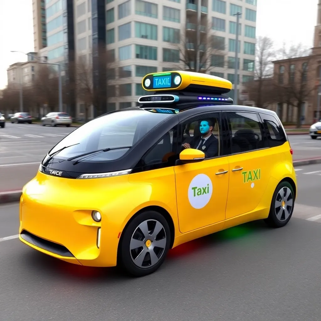 Yellow self-driving taxi with a sensor on top navigating a city street.