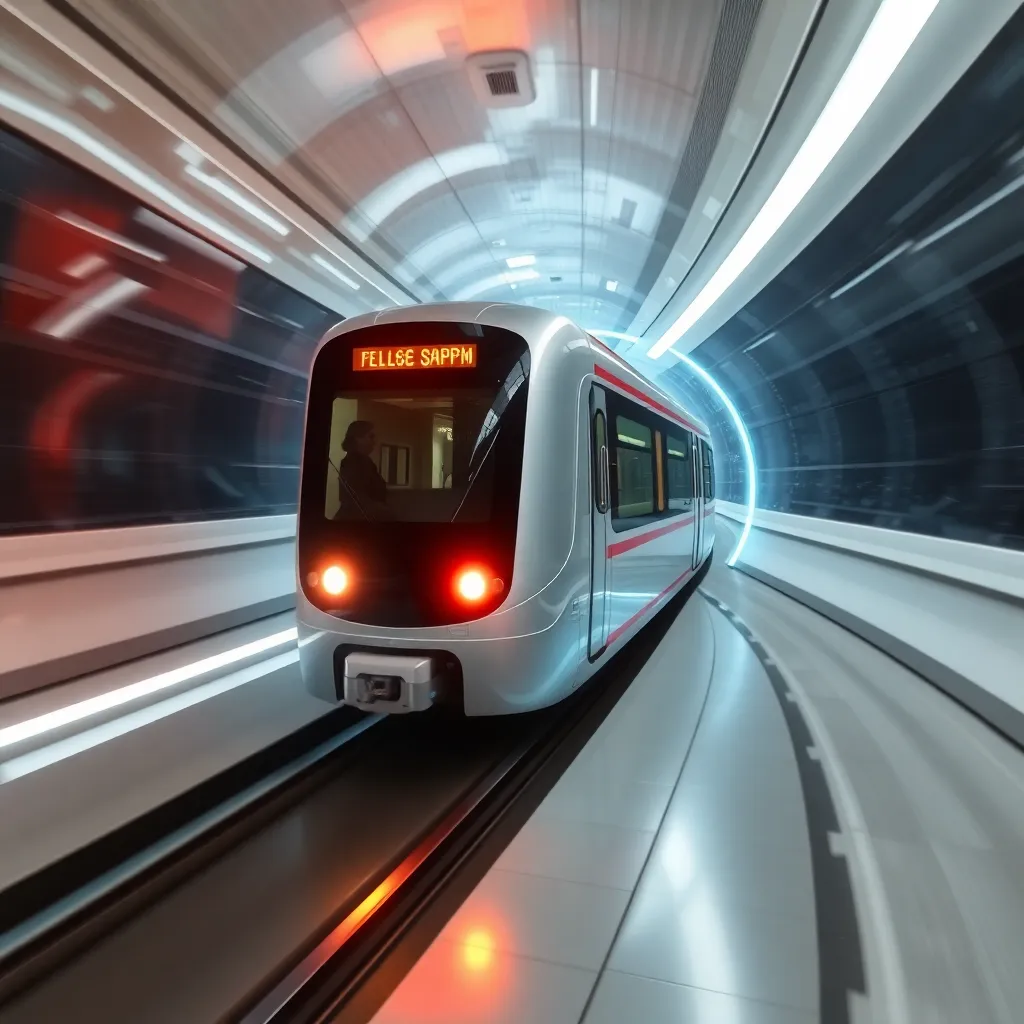 A bullet train speeding through a brightly lit, curved tunnel.