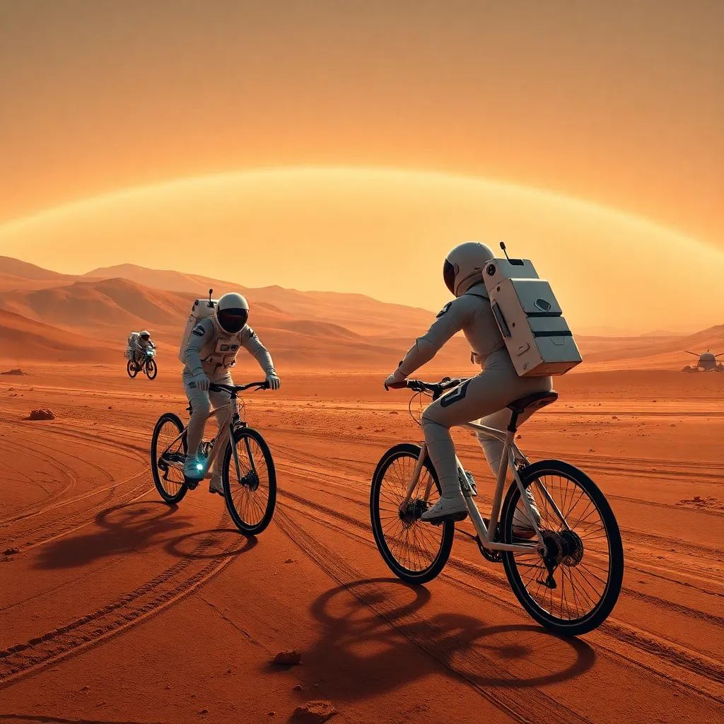 Two astronauts on a rocky, orange landscape with a sunset and distant mountains, riding bicycles.