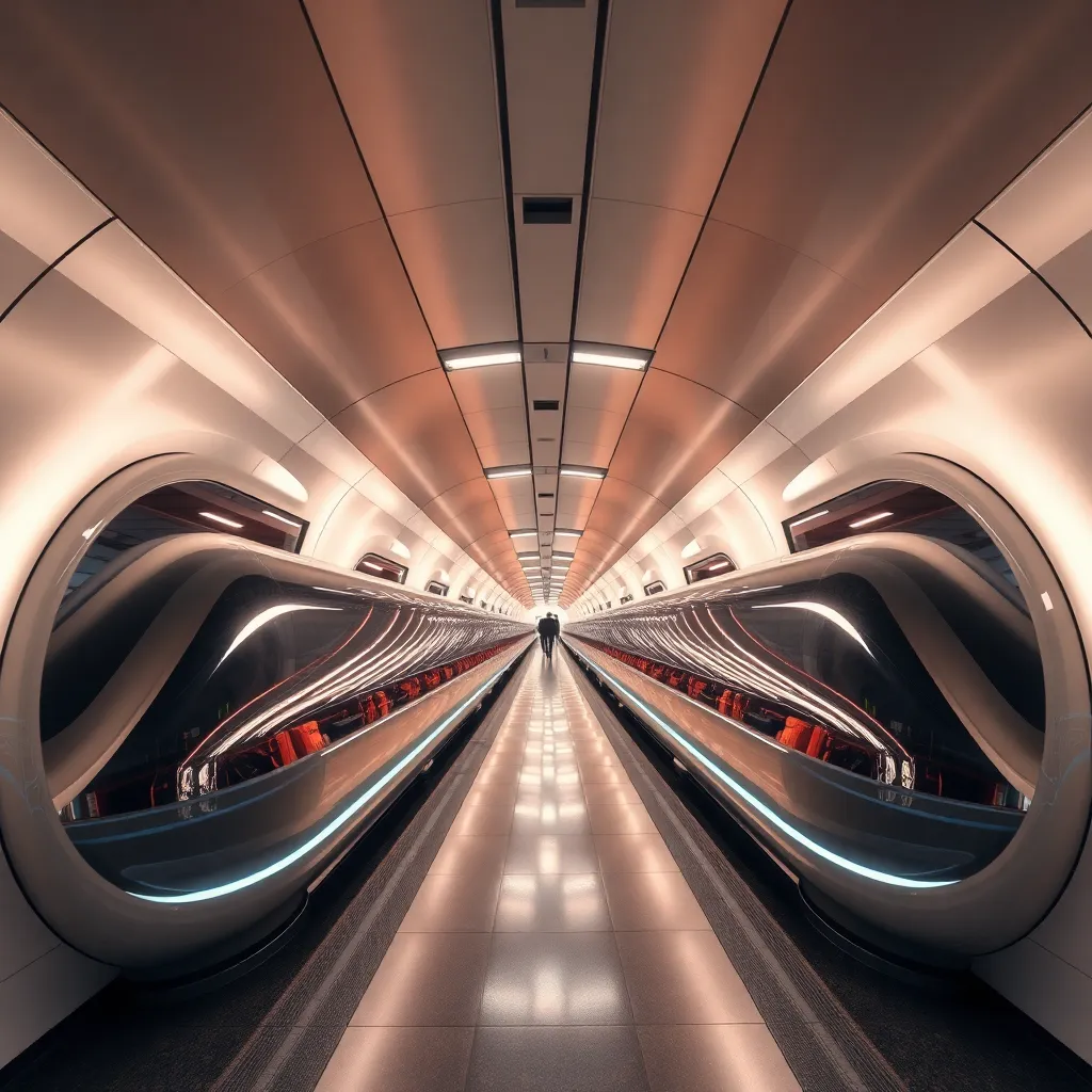 An abstract view of a long tunnel with glowing lines and a sense of motion.