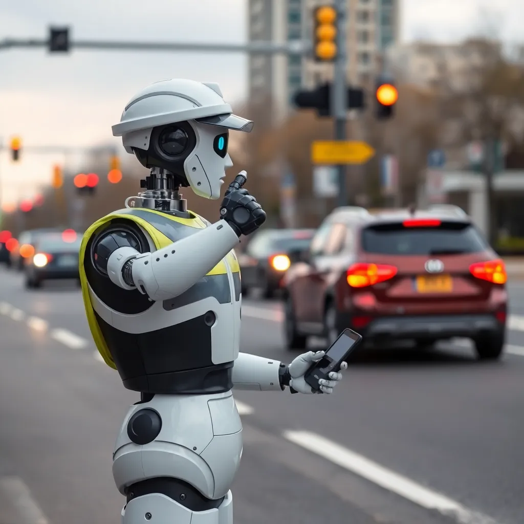 A tall, white robot with a police hat directs traffic at a city intersection.