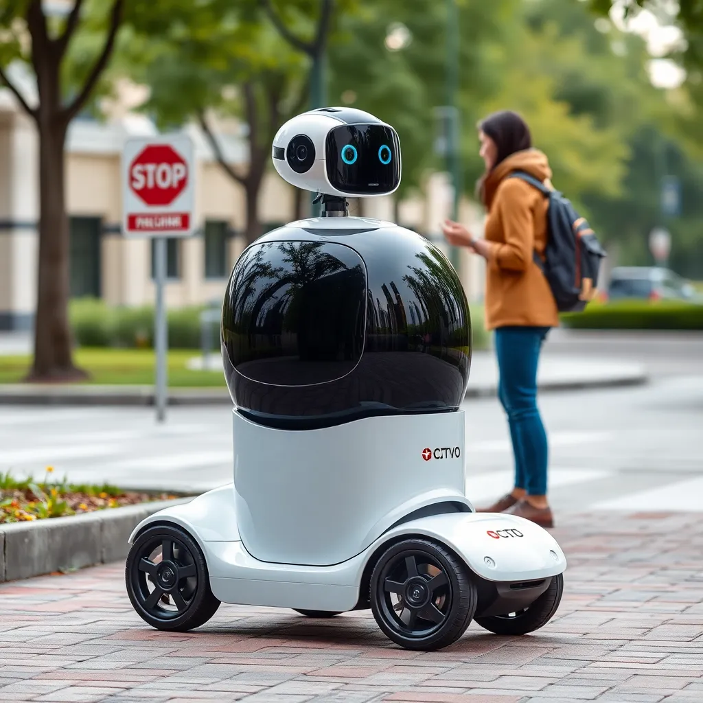 A small white robot walks alongside a person on a city sidewalk.