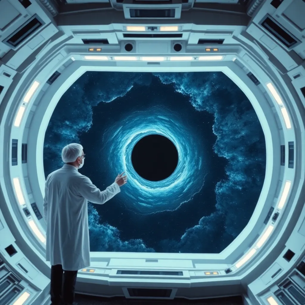 A person in a lab coat looking at a swirling, dark, space-like anomaly in a futuristic setting.