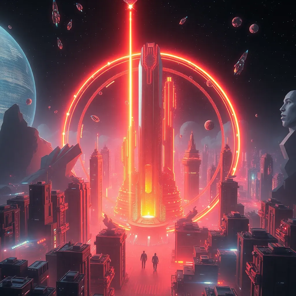 Futuristic cityscape with a glowing portal or beam of light in the center.