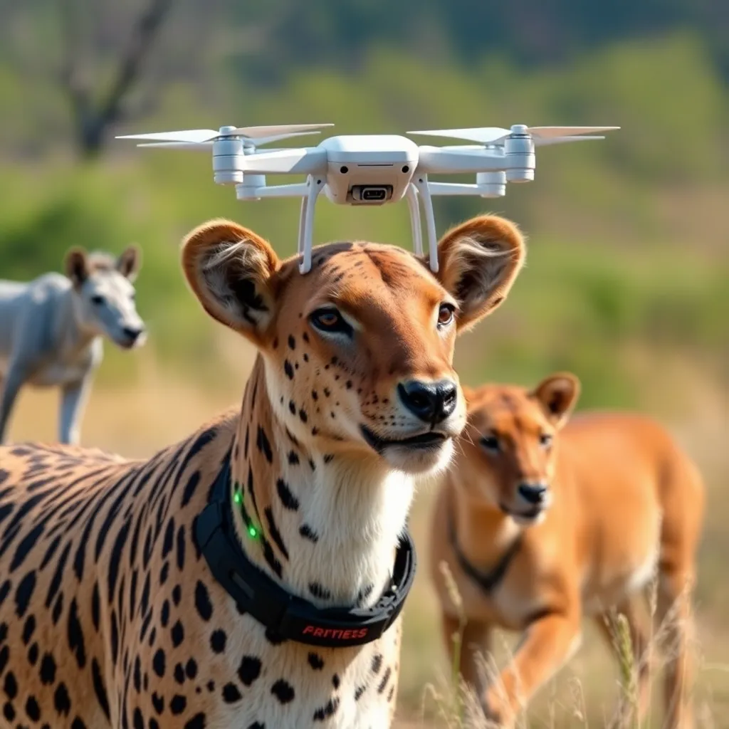 Cheetah wearing a collar with a small drone balanced on its head, with two other animals blurred in the background.