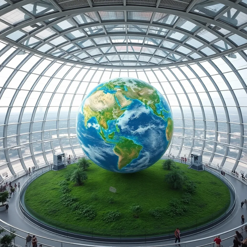 A globe resting on a stand inside a transparent dome with a green, grassy base.