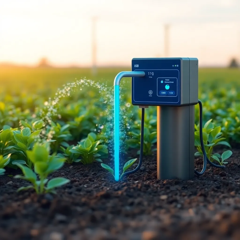 A blue mug sitting on a wooden post in a green field with a sunset in the background.