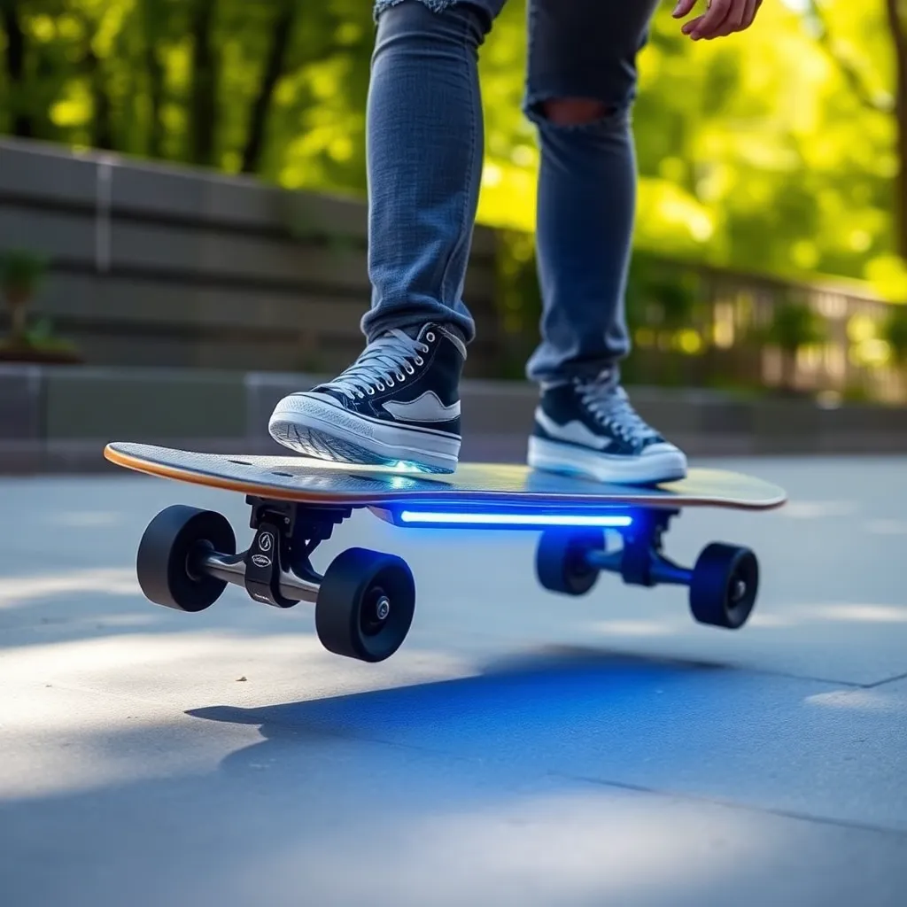 Person riding an electric skateboard with a blurred background, suggesting speed.