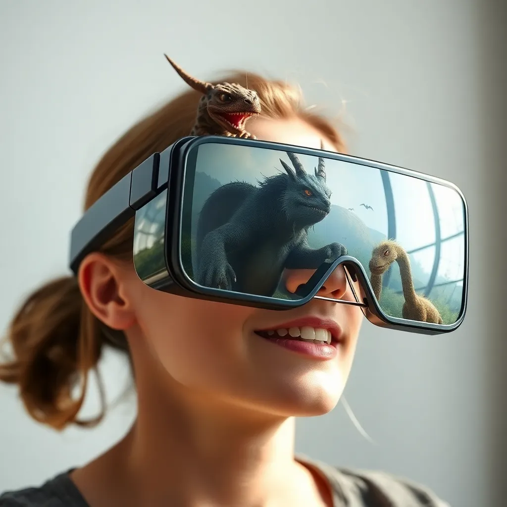 Person wearing a VR headset with a cityscape reflected in the lenses.