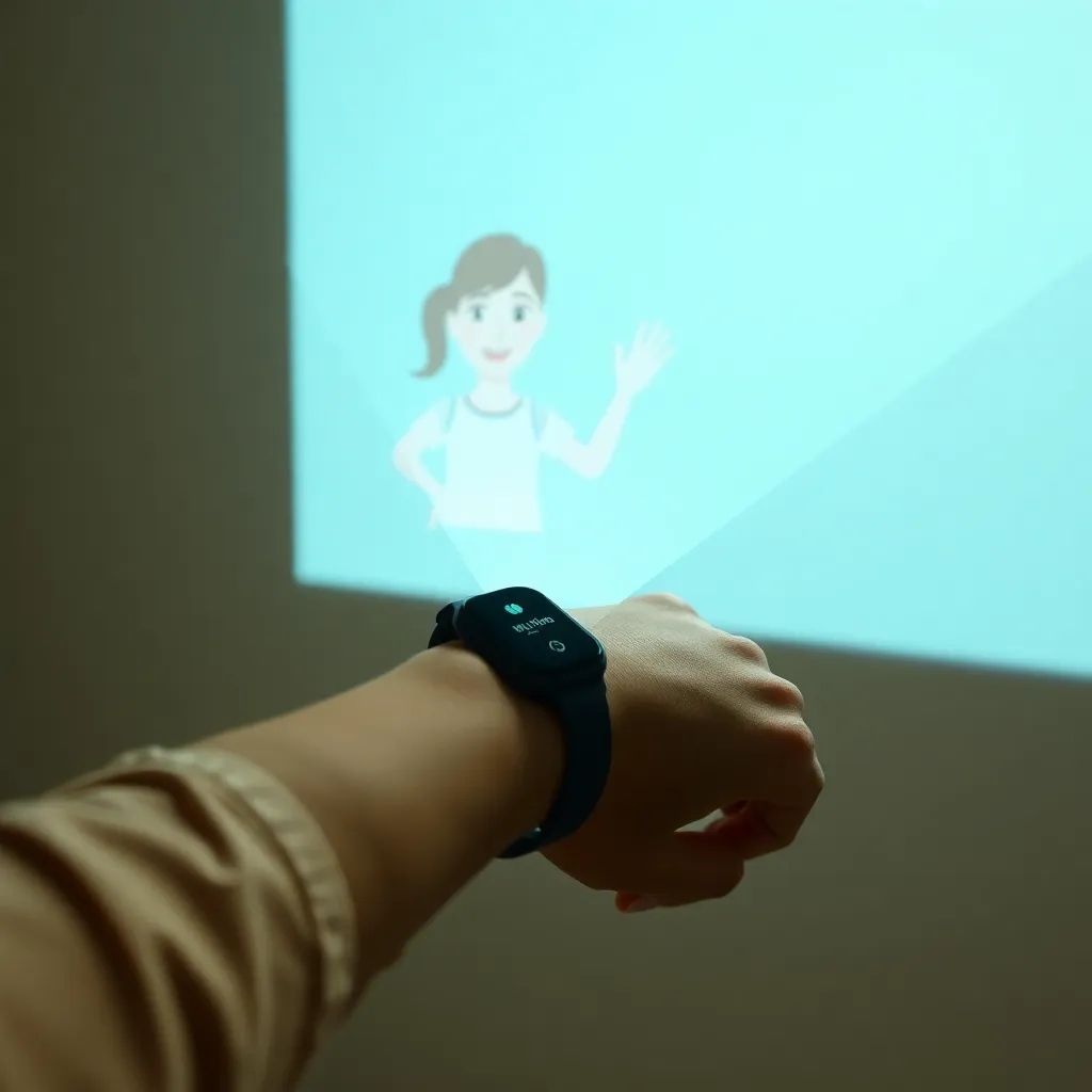 Person's arm using a smartwatch to interact with a holographic interface projected from the watch.