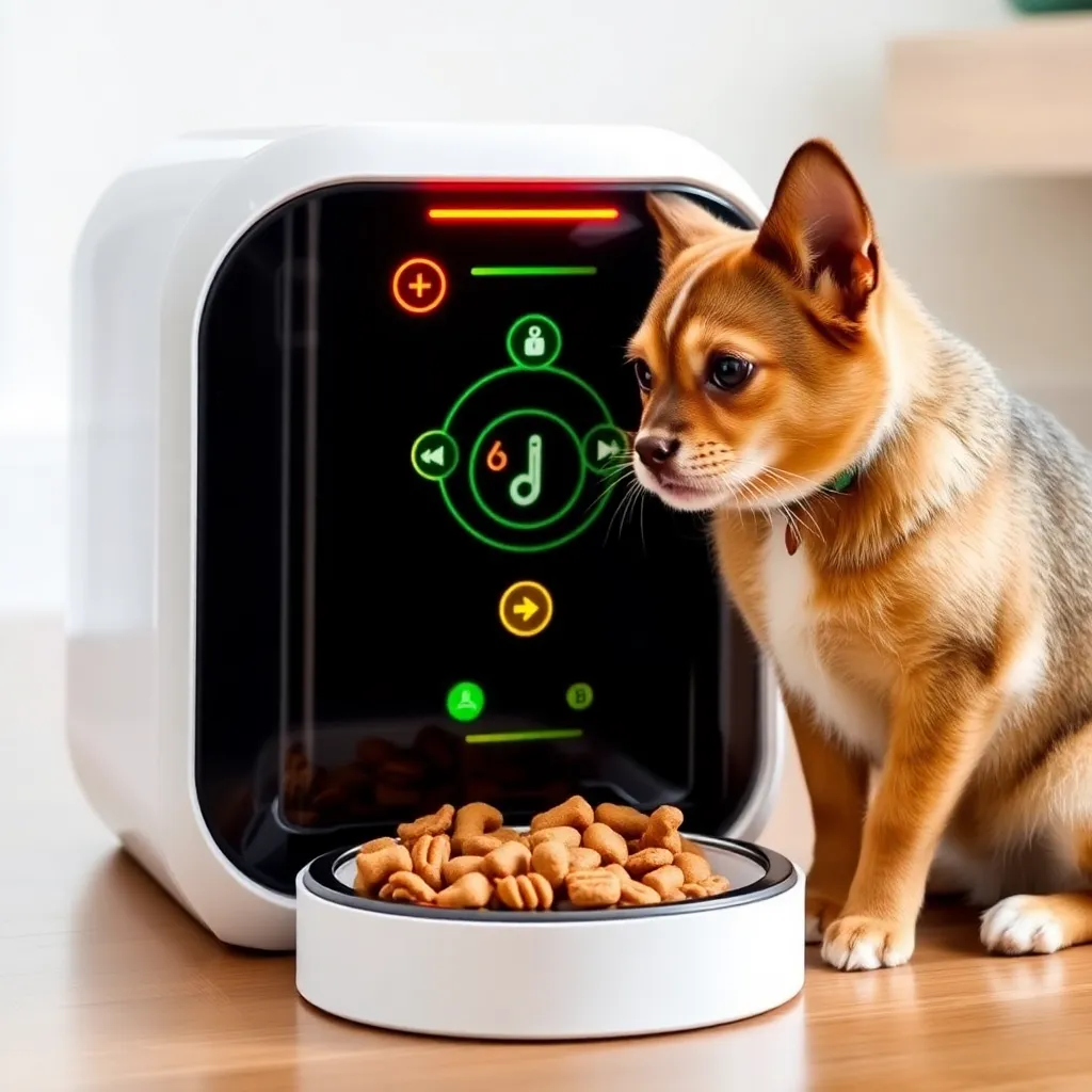 Smart pet feeder dispensing food for a dog, with a digital screen interface.