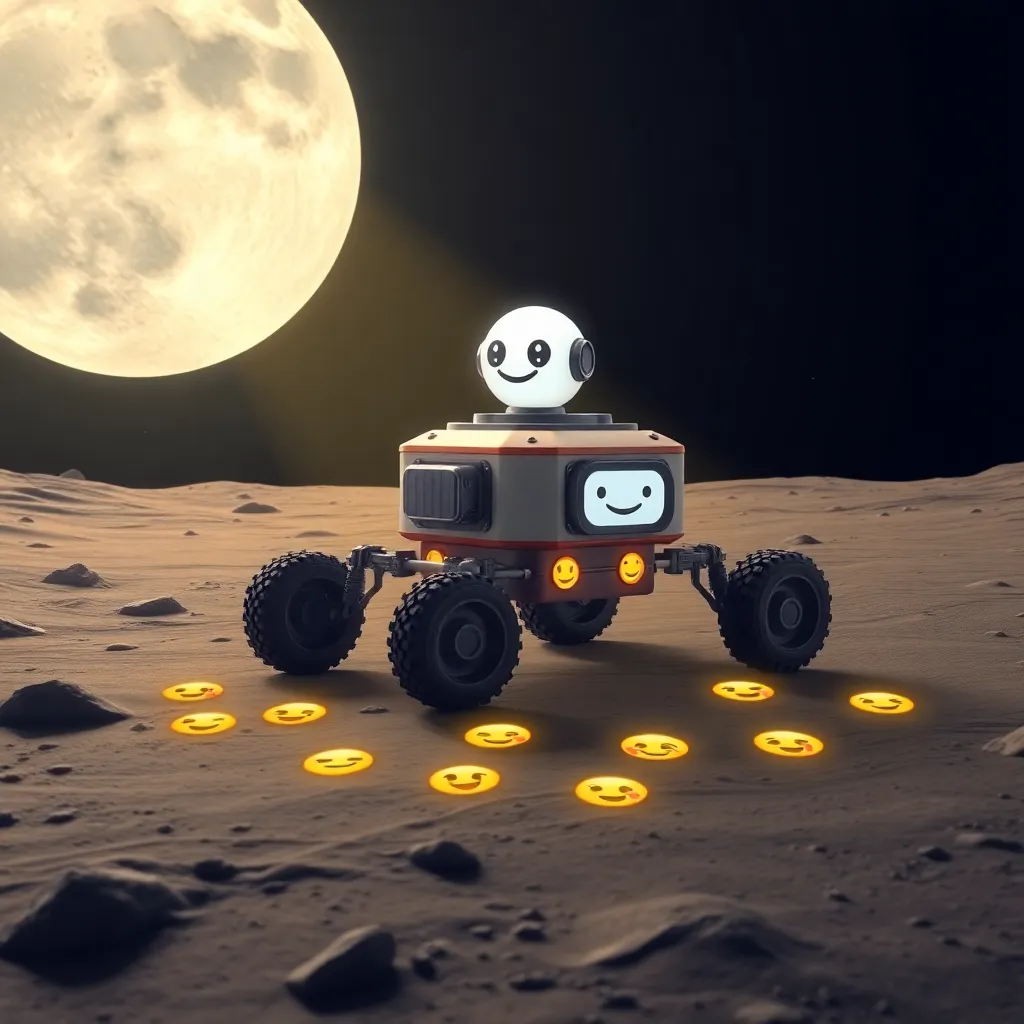 Small rover on the moon's surface with a full Earth in the background sky.