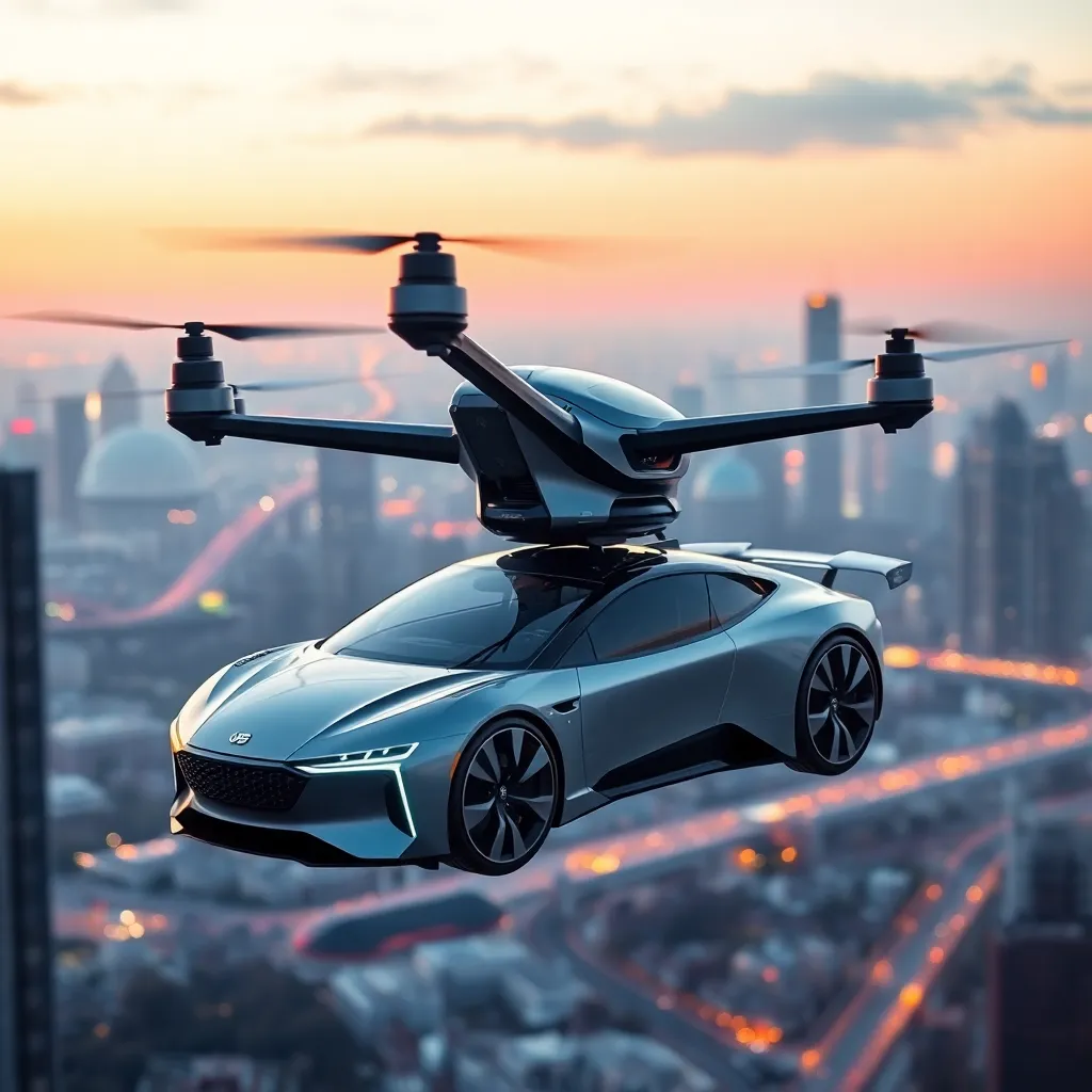 Autonomous flying car soaring over a futuristic cityscape at sunset.