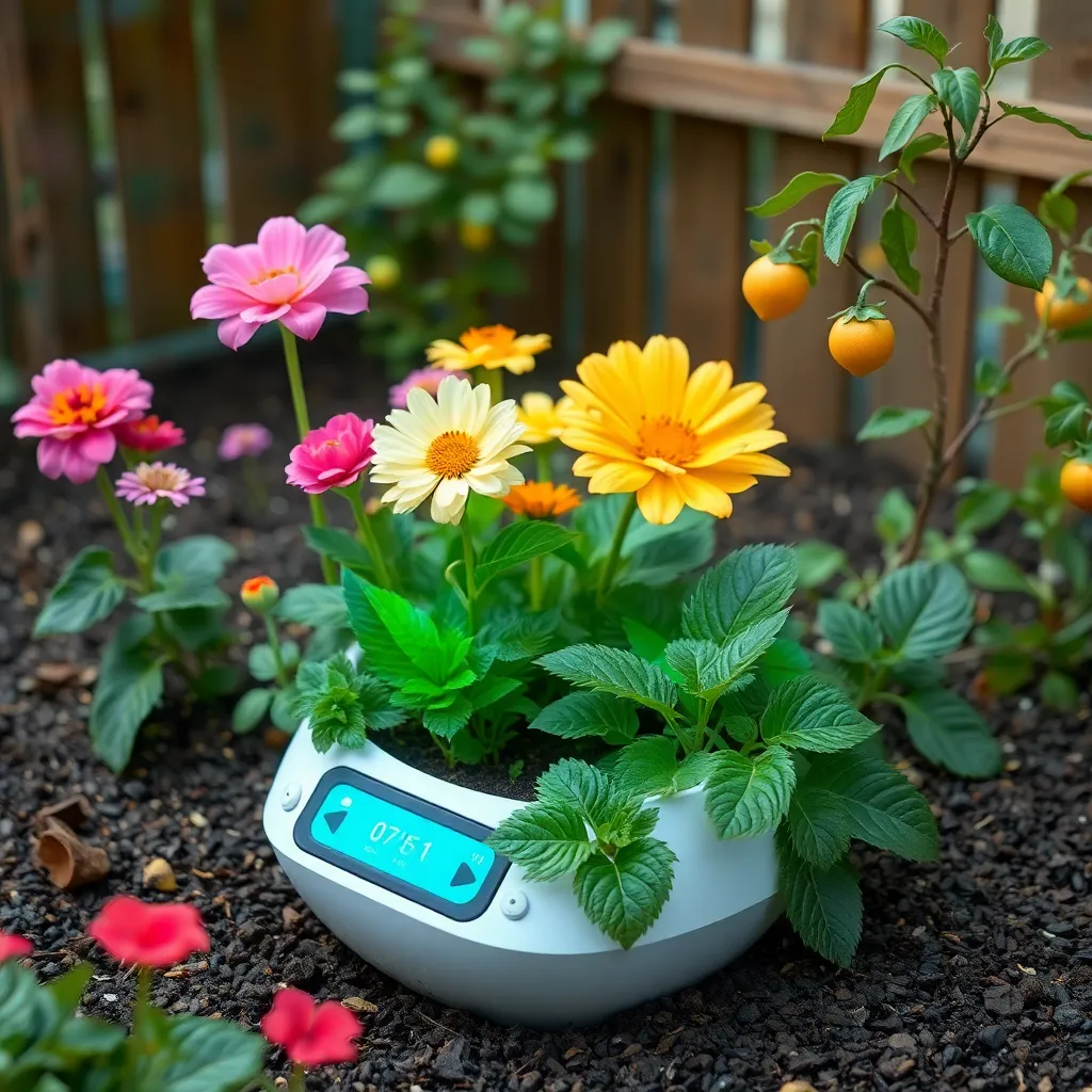 Smart garden with a variety of plants and a digital display showing growth data.