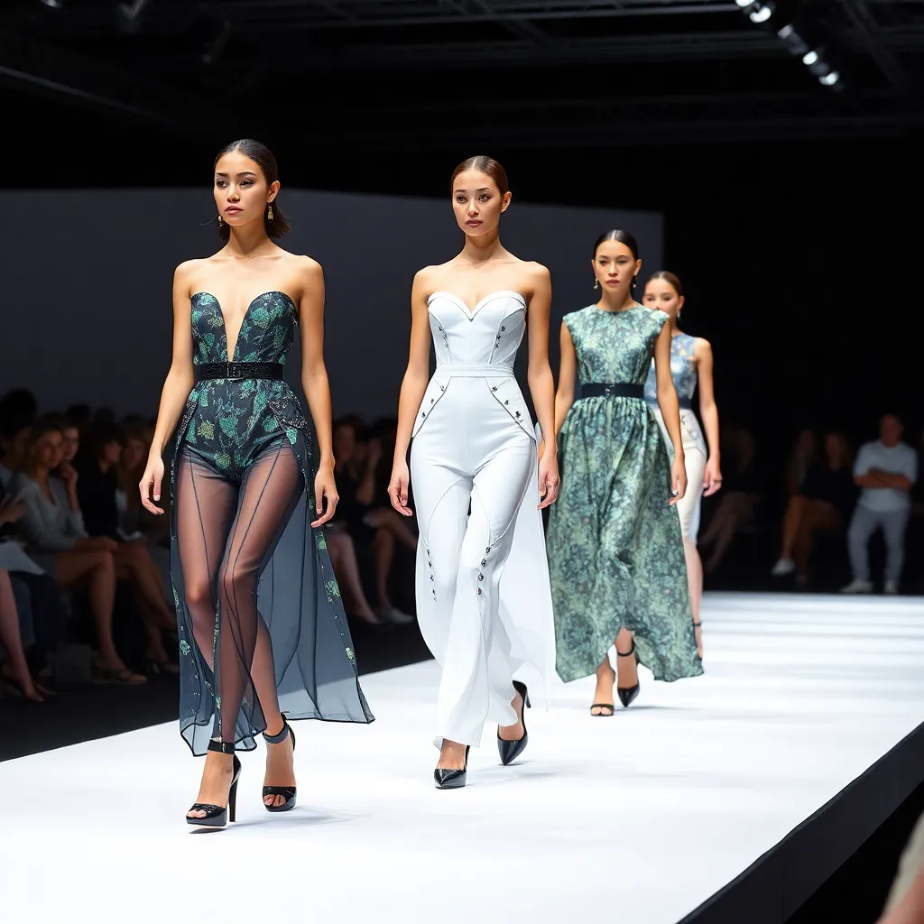 Two fashion models walking down a runway, showcasing clothing.