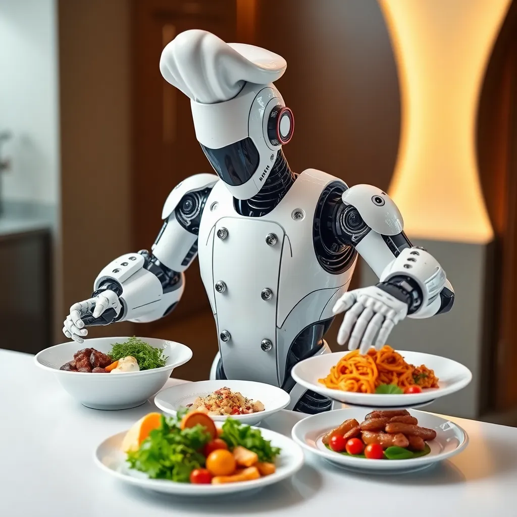 Robot chef serving a plate of food in a futuristic kitchen.