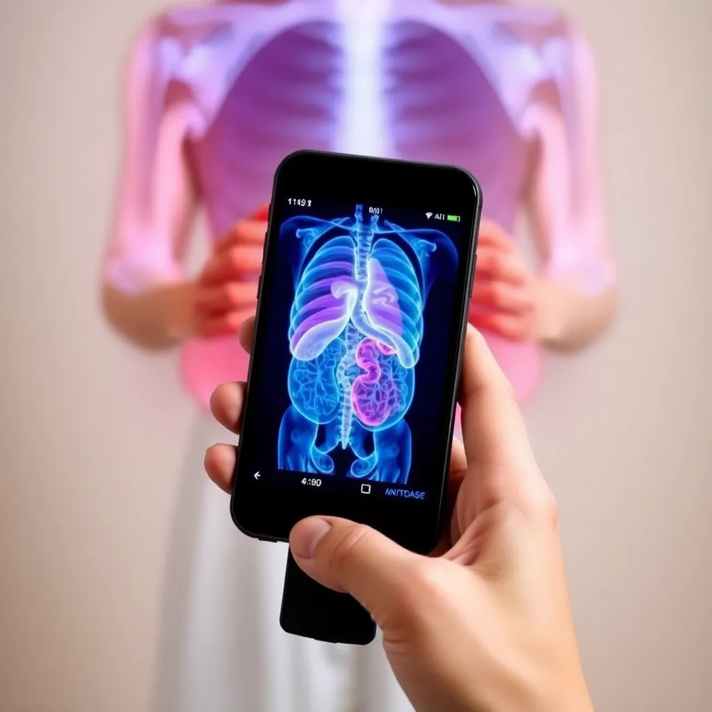 Hand holding a smartphone displaying a holographic image of the human anatomy.