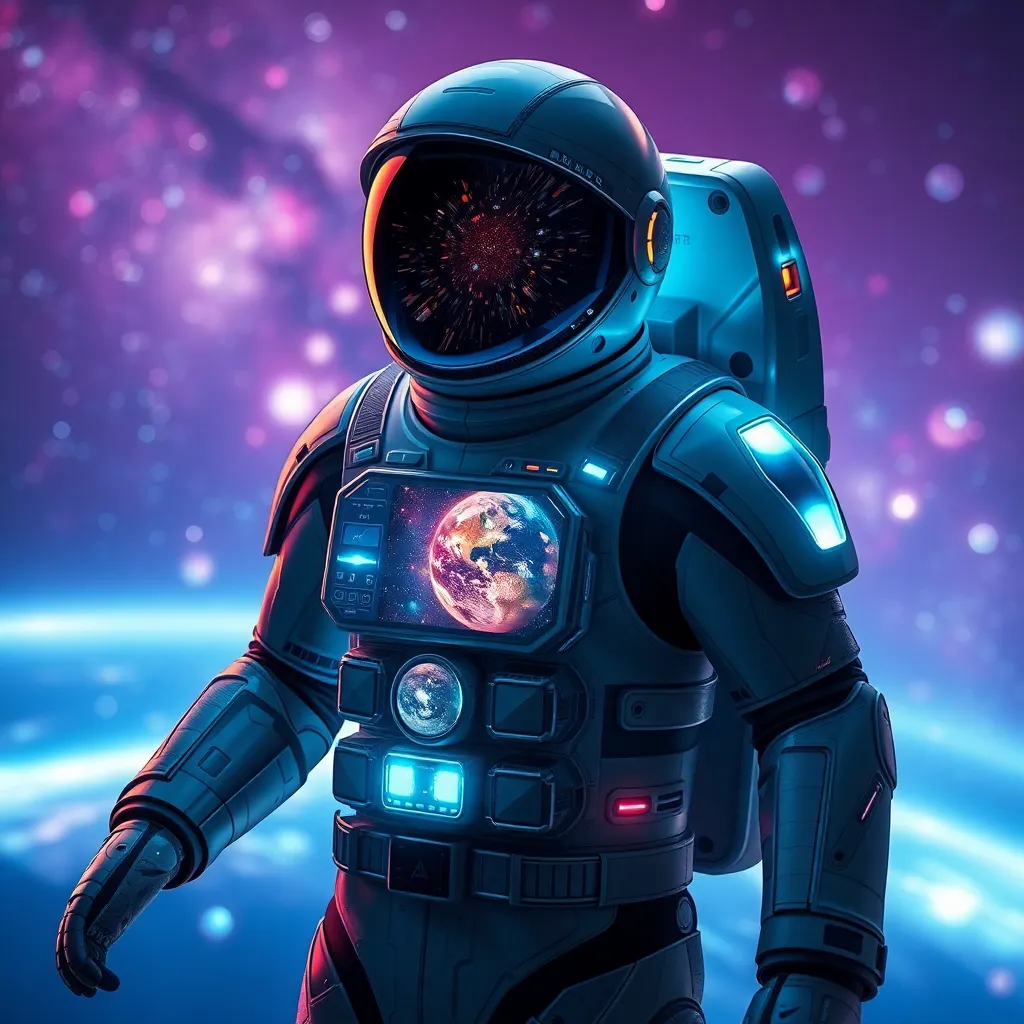 Astronaut in a high-tech spacesuit floating in space with a colorful nebula in the background.