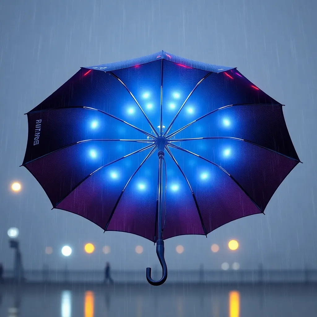 Glowing blue umbrella emitting light against a dark background.