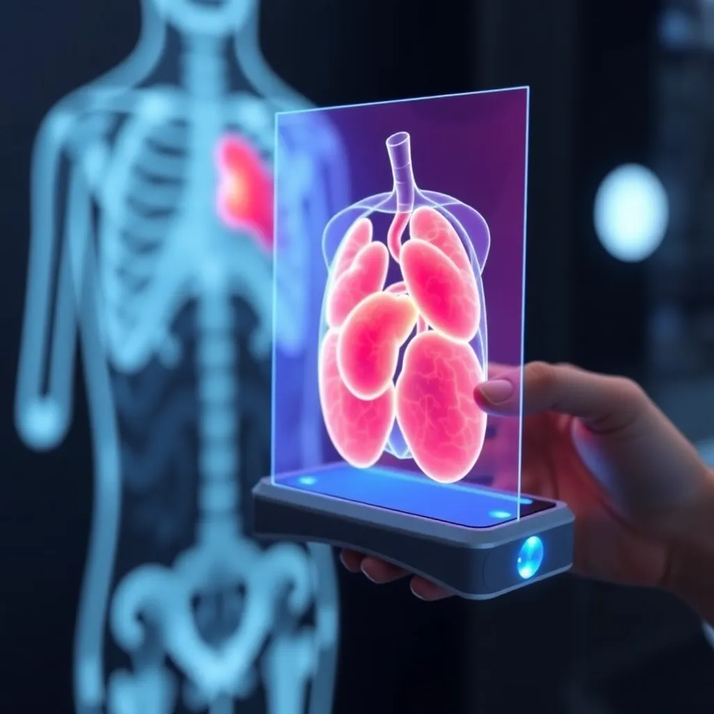 Humanoid robot in a lab coat examining a holographic image of a heart.