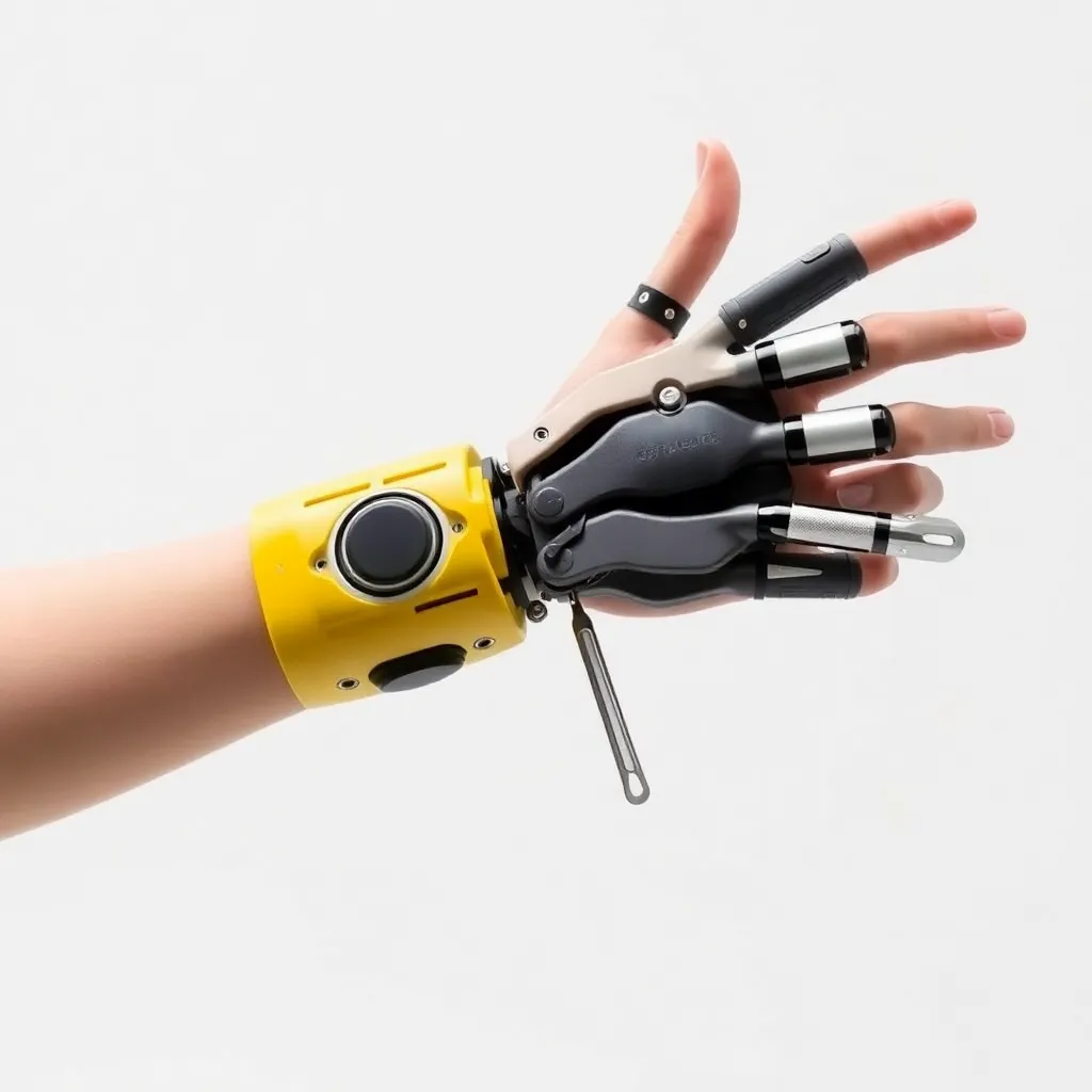 Hand wearing a haptic feedback glove with wires and sensors.