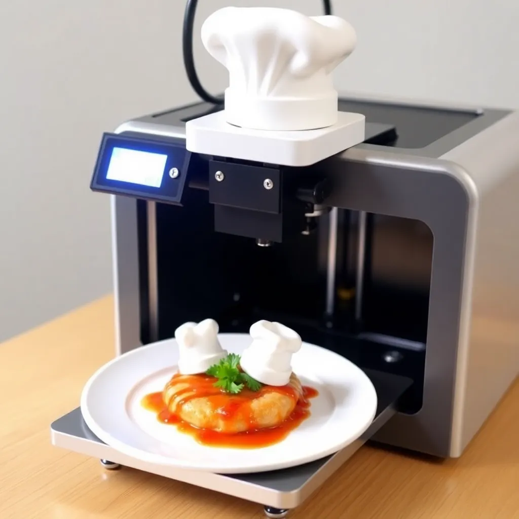 3D printer creating a model of a building with a finished dish on a nearby table.