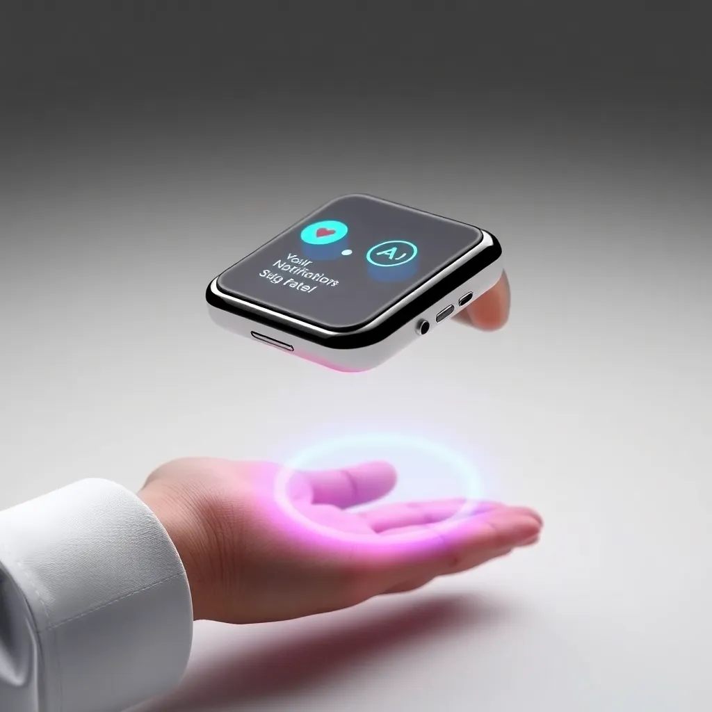 A hand holding a levitating phone above a glowing pink orb.