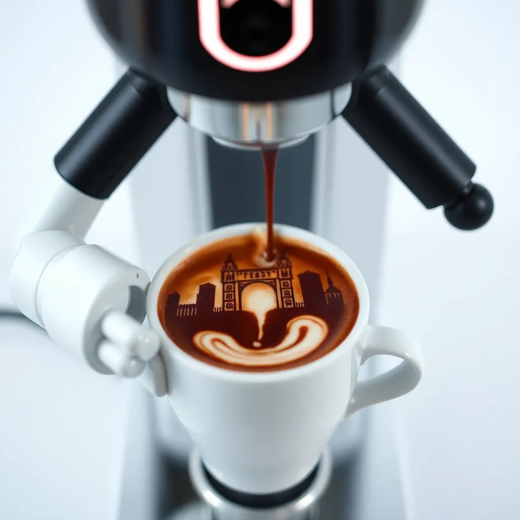 Robot holding a cup with a smiley face design.