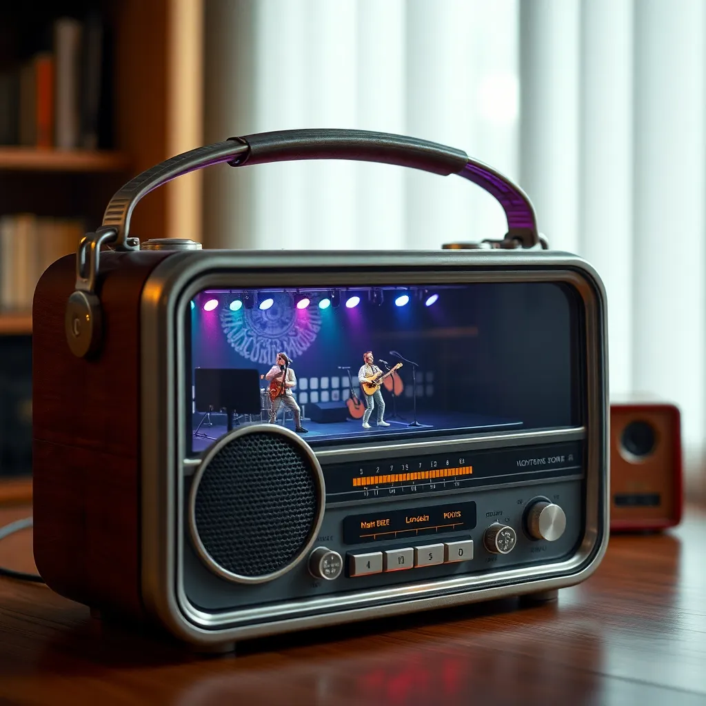 A retro radio with a miniature city skyline visible inside the speaker grill.