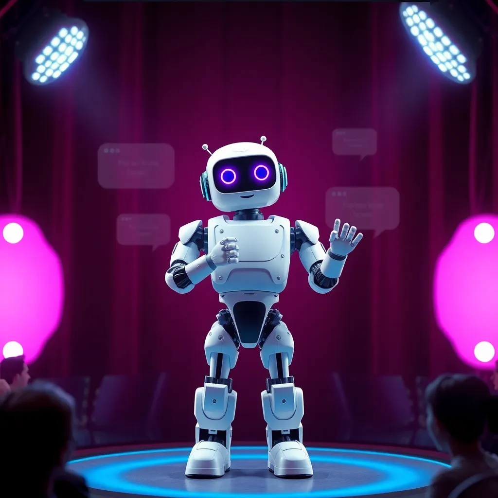 Robot on a stage with spotlights and a large screen behind it.