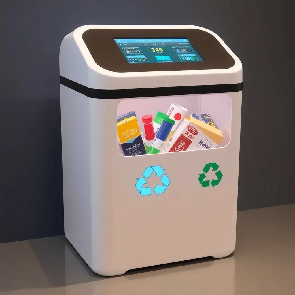 Smart trash can with a digital display and recycling symbols.