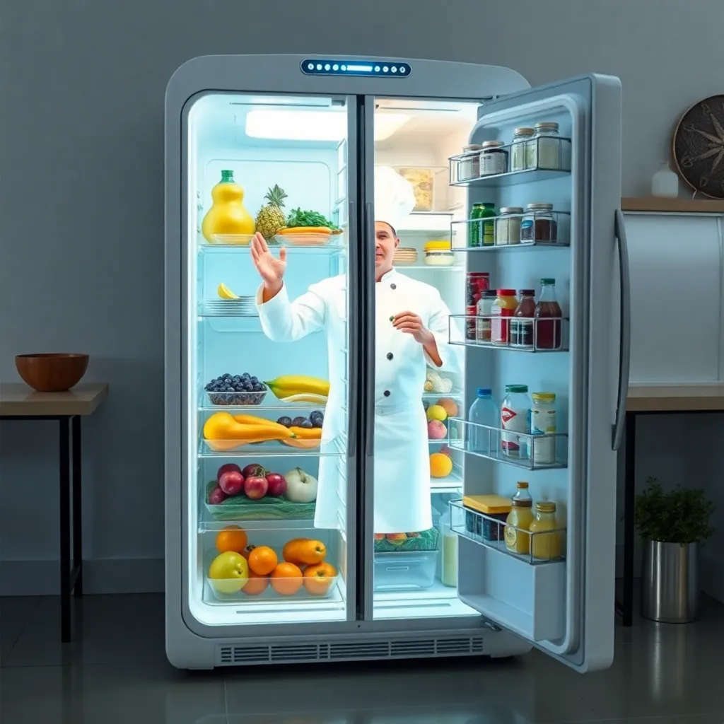 Smart refrigerator with a screen displaying its contents and nutritional information.