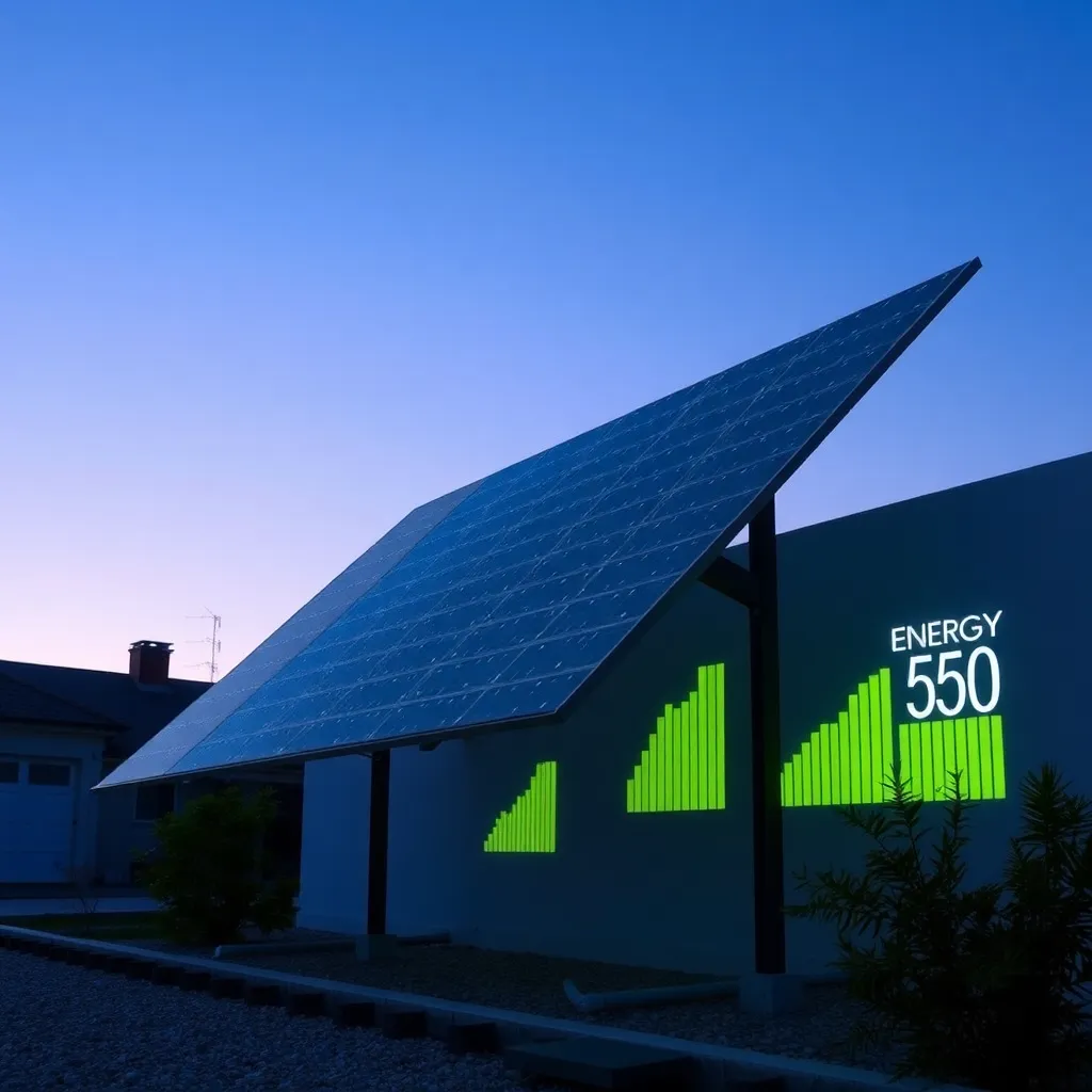 Solar panels on a building against a twilight sky.