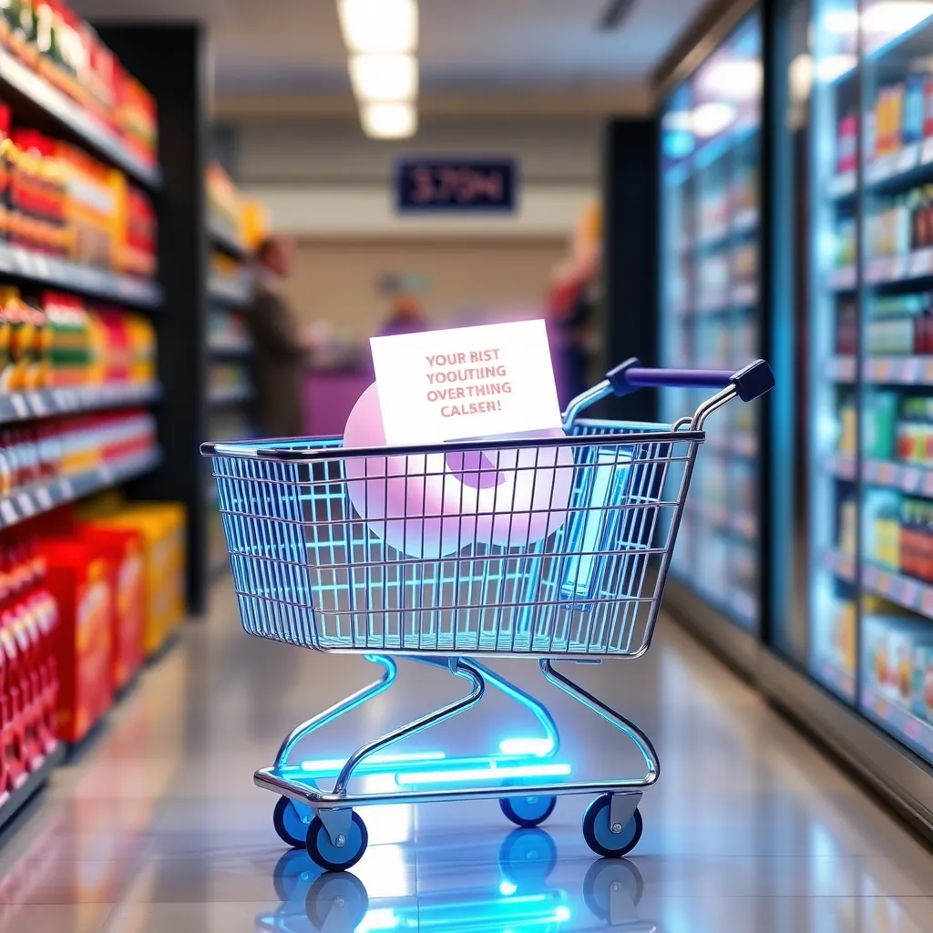 Supermarket aisle with a shopping cart moving autonomously, lit by neon lights.