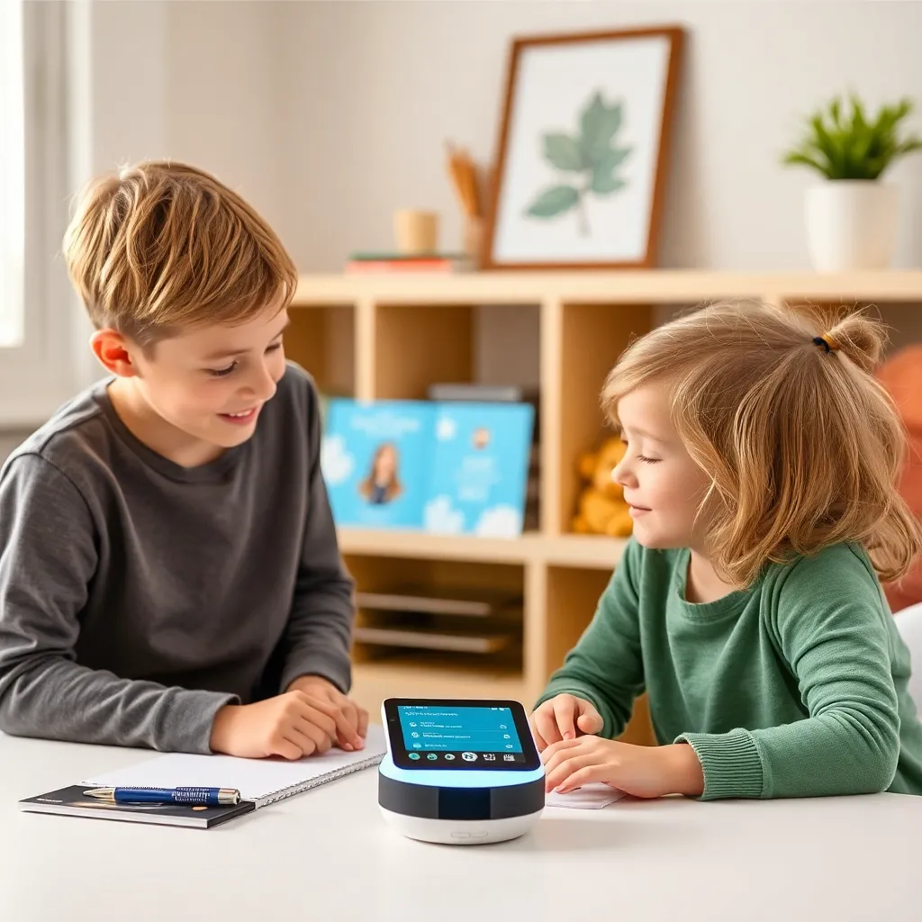 Two children using digital devices at a table, with a plant and lamp in the background.