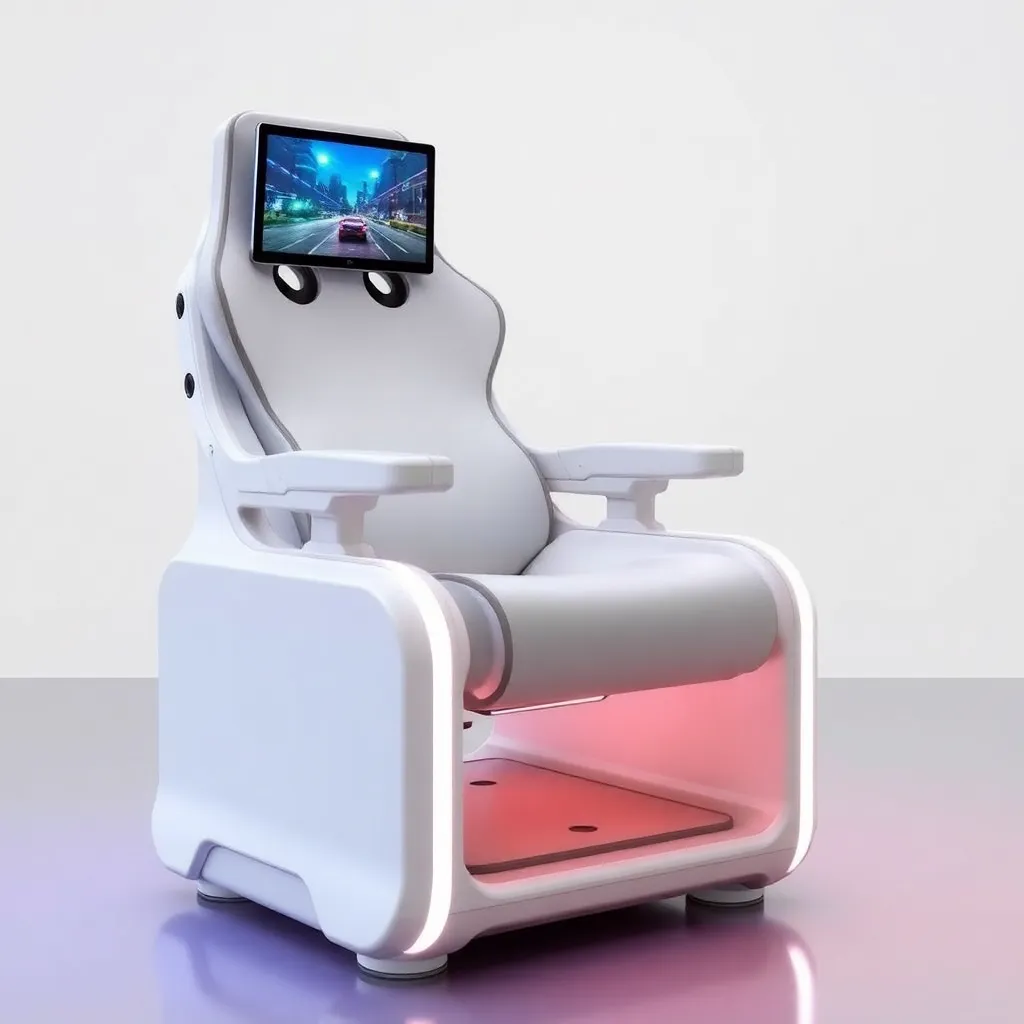 Robot with a screen displaying a face, sitting on a futuristic chair.