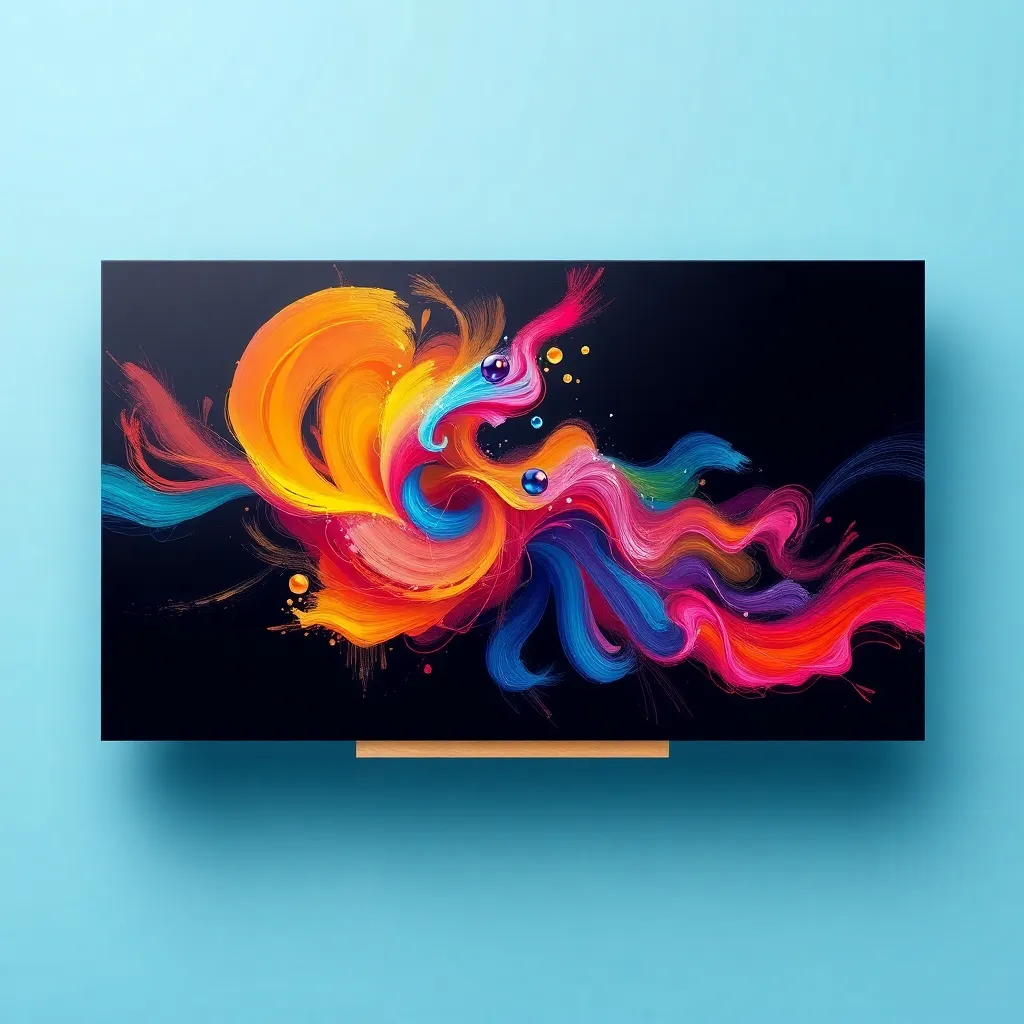 Abstract digital art displayed on a modern television screen against a blue wall.