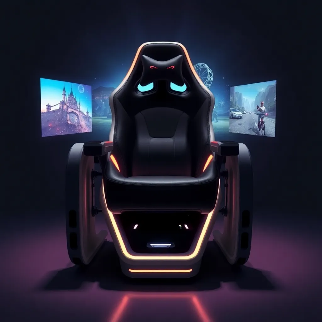 Futuristic gaming setup with a sleek chair and multiple screens displaying game interfaces.