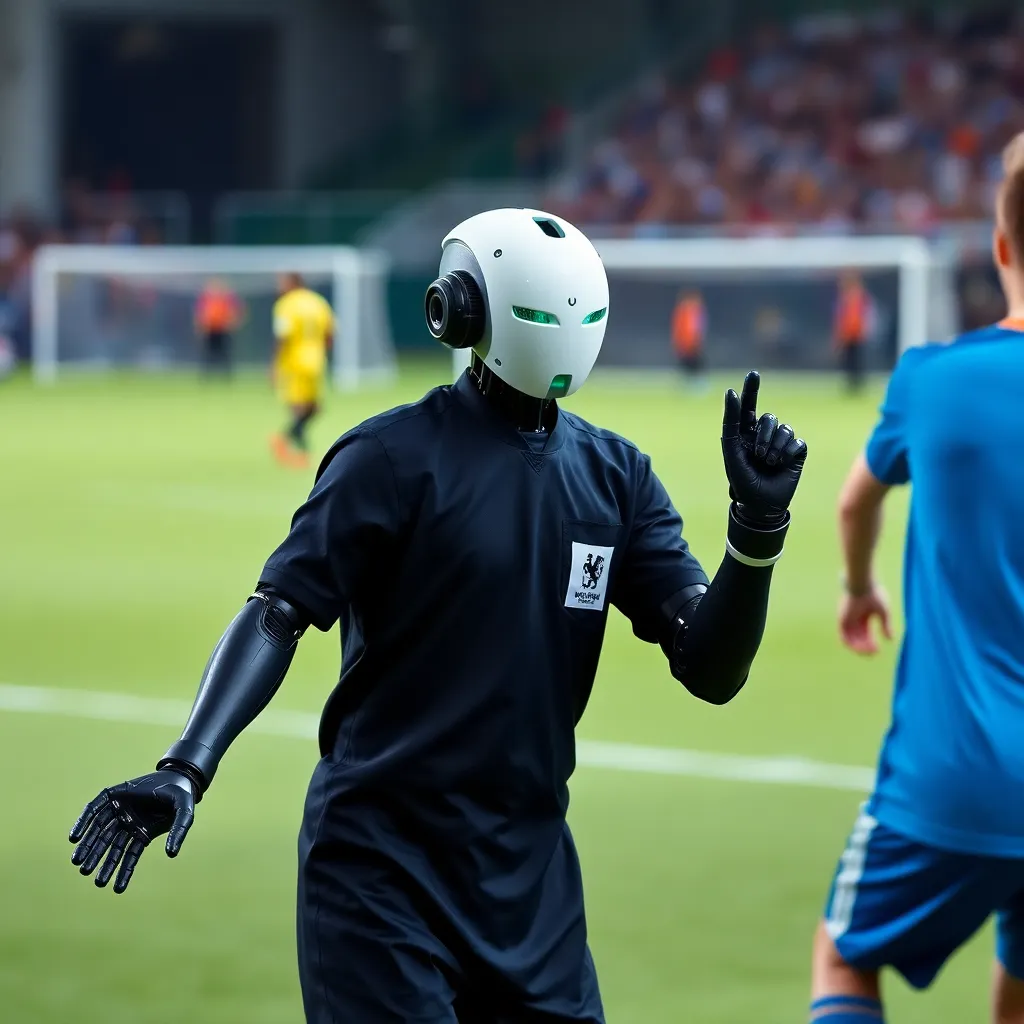 A masked figure in a suit stands on a soccer field with blurred athletes in the background.