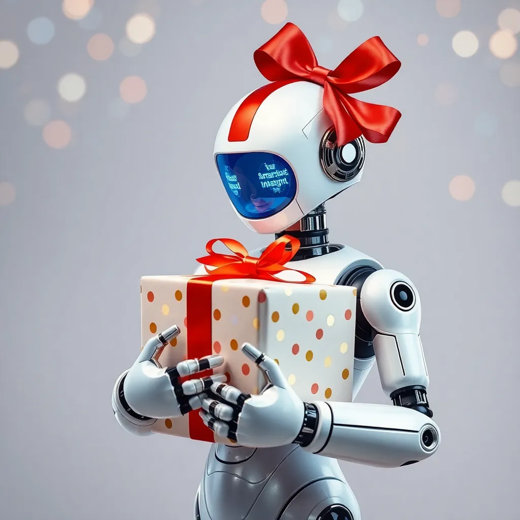 Robot holding a gift with a red bow.