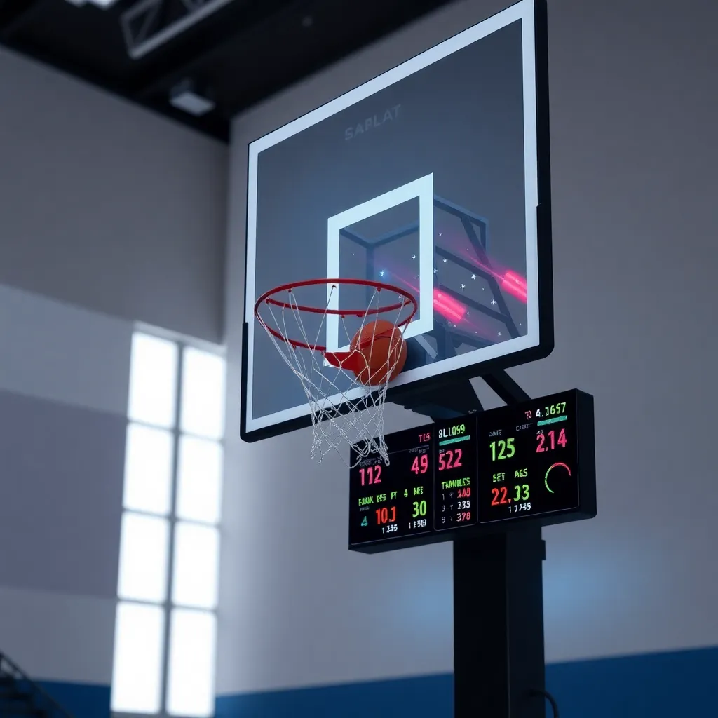 Basketball hoop with a glowing trail following a ball.