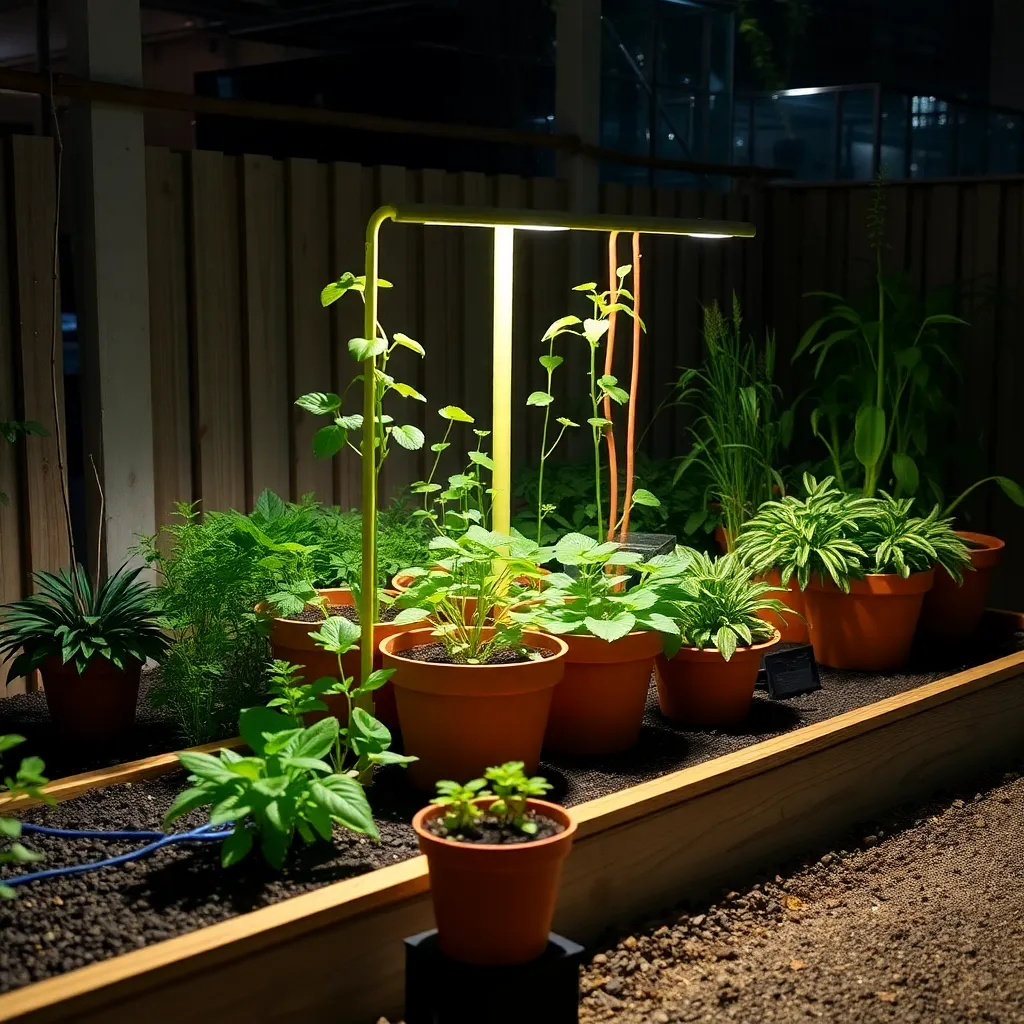 A vertical garden with various plants growing on a wall at night with lights illuminating the greenery.